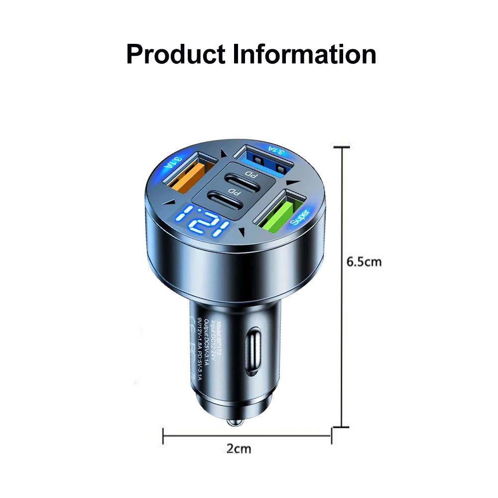 250W 5-in-1 PD QC3.0 Car Charger Fast Charging USB C for IPhone,Samsung Galaxy, IPad Pro, Multi-Port Cigarette Lighter Adapter