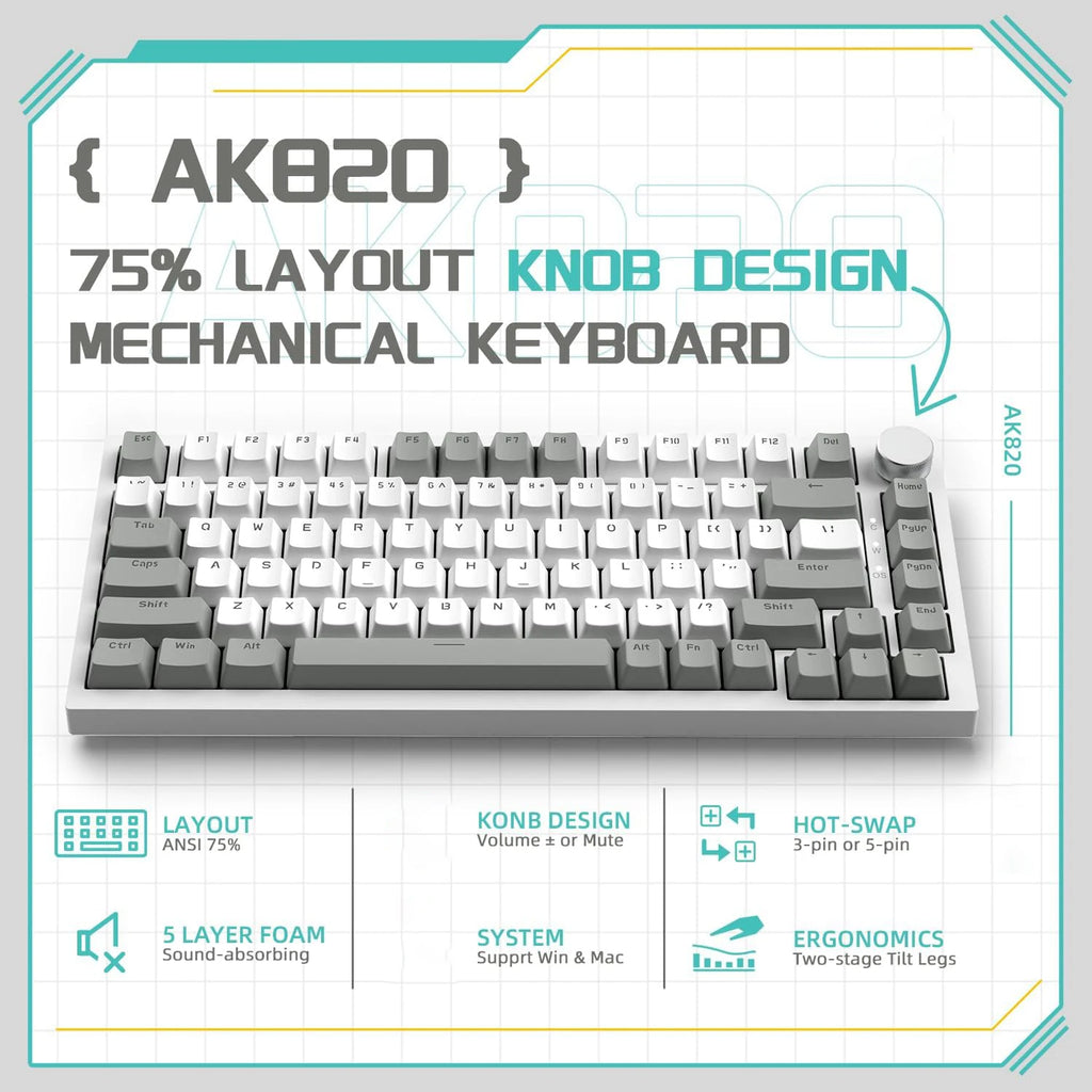 AJAZZ AK820 Wired With Rotary Volume Buttons Hot-Swappable Keys For Office And Home Mechanical Keyboards