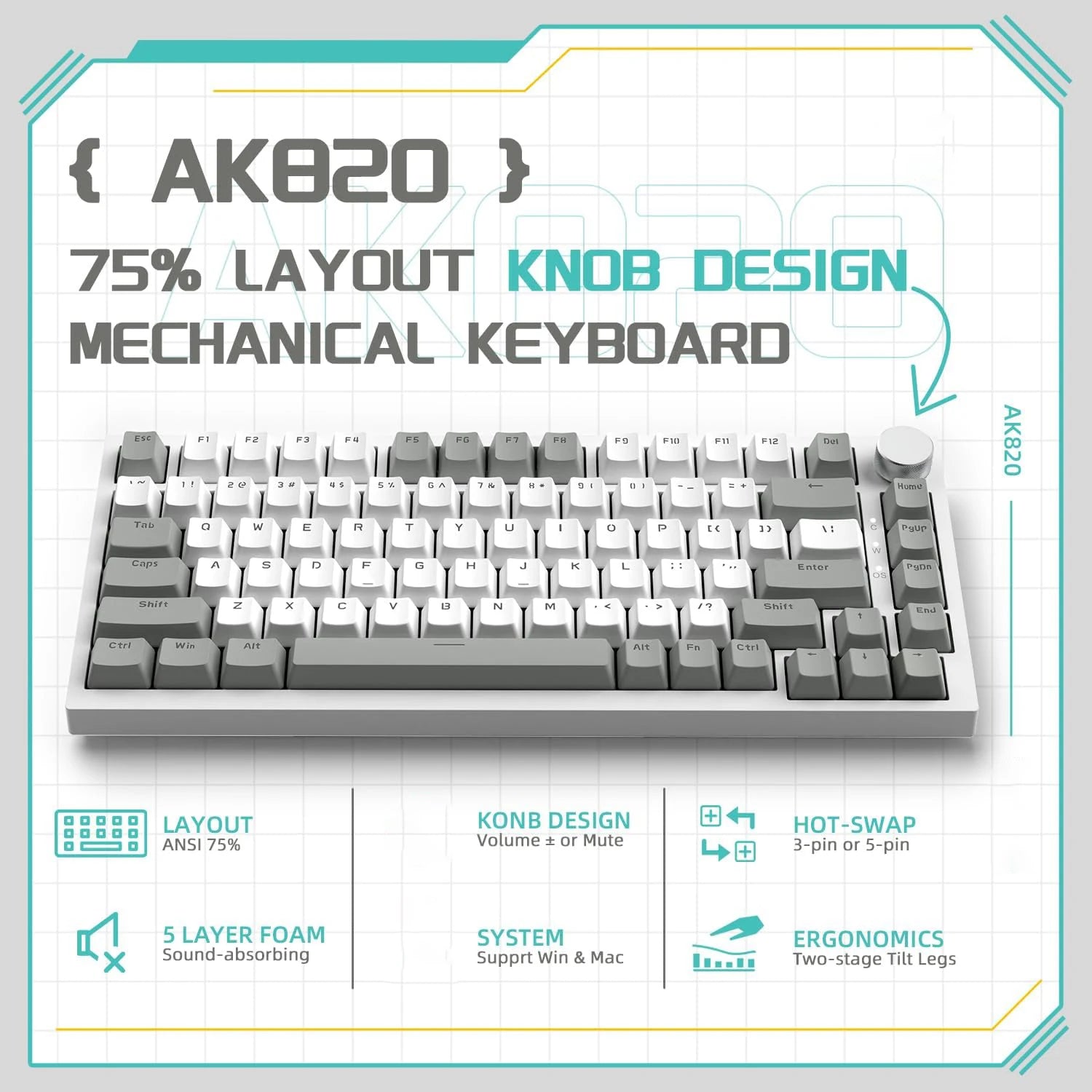 AJAZZ AK820 Wired With Rotary Volume Buttons Hot-Swappable Keys For Office And Home Mechanical Keyboards