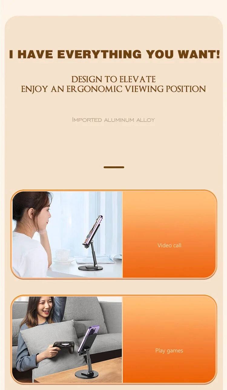 Universal Phone Stand On Desk 360° Rotating Multi-Angle Non-Slip Metal Base Foldable Desktop Holder For iPhone Xiaomi Samsung