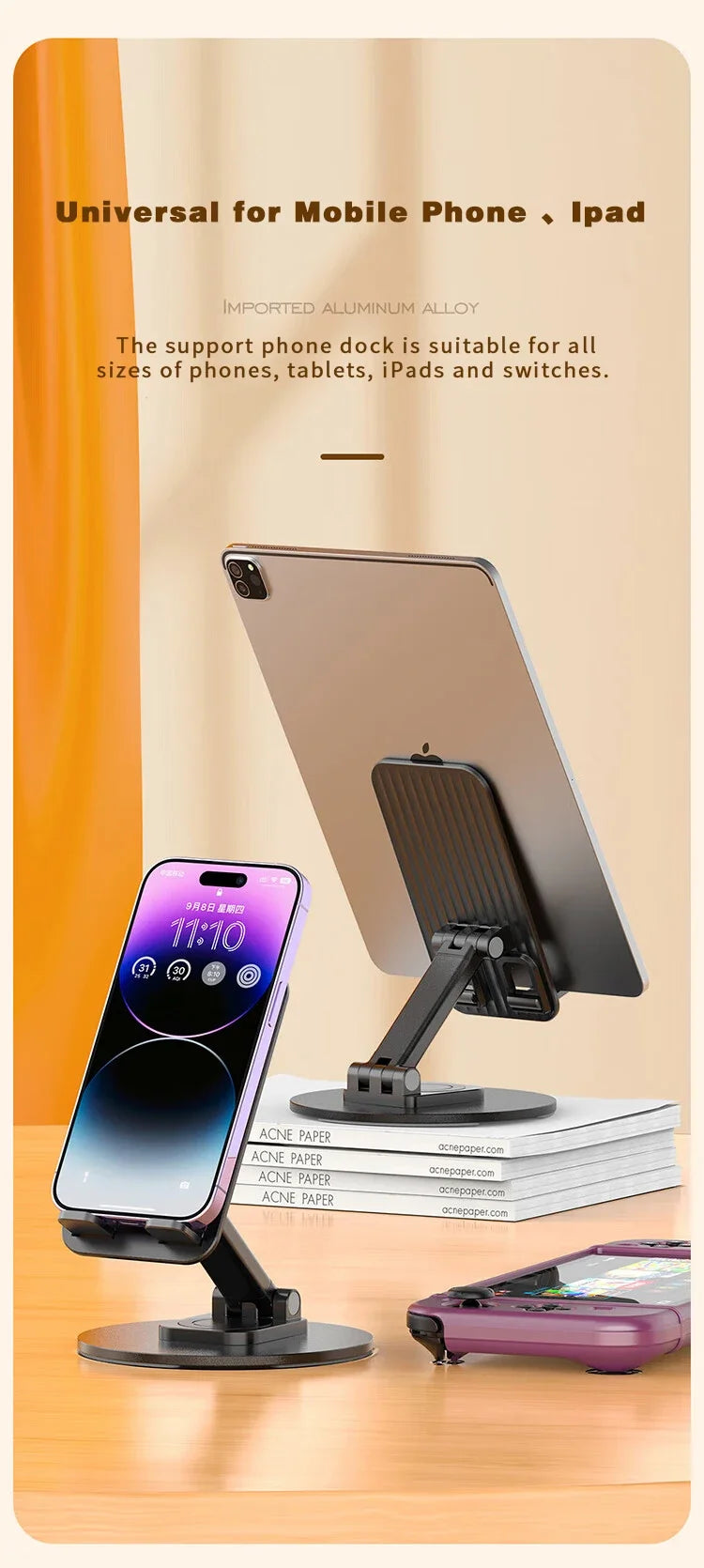 Universal Phone Stand On Desk 360° Rotating Multi-Angle Non-Slip Metal Base Foldable Desktop Holder For iPhone Xiaomi Samsung