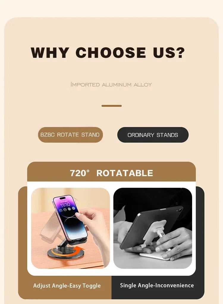 Universal Phone Stand On Desk 360° Rotating Multi-Angle Non-Slip Metal Base Foldable Desktop Holder For iPhone Xiaomi Samsung