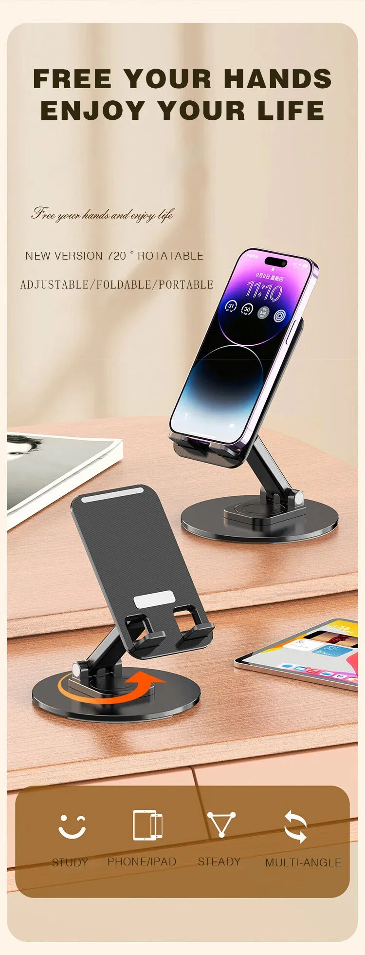 Universal Phone Stand On Desk 360° Rotating Multi-Angle Non-Slip Metal Base Foldable Desktop Holder For iPhone Xiaomi Samsung