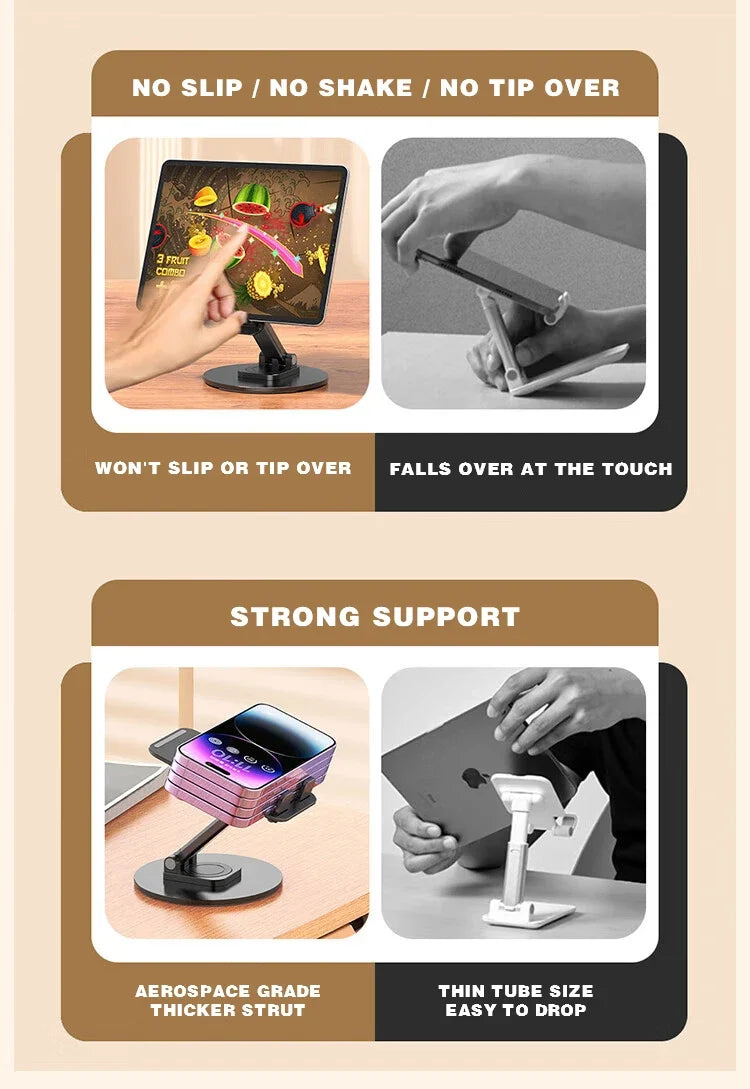 Universal Phone Stand On Desk 360° Rotating Multi-Angle Non-Slip Metal Base Foldable Desktop Holder For iPhone Xiaomi Samsung