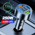 250W 5-in-1 PD QC3.0 Car Charger Fast Charging USB C for IPhone,Samsung Galaxy, IPad Pro, Multi-Port Cigarette Lighter Adapter