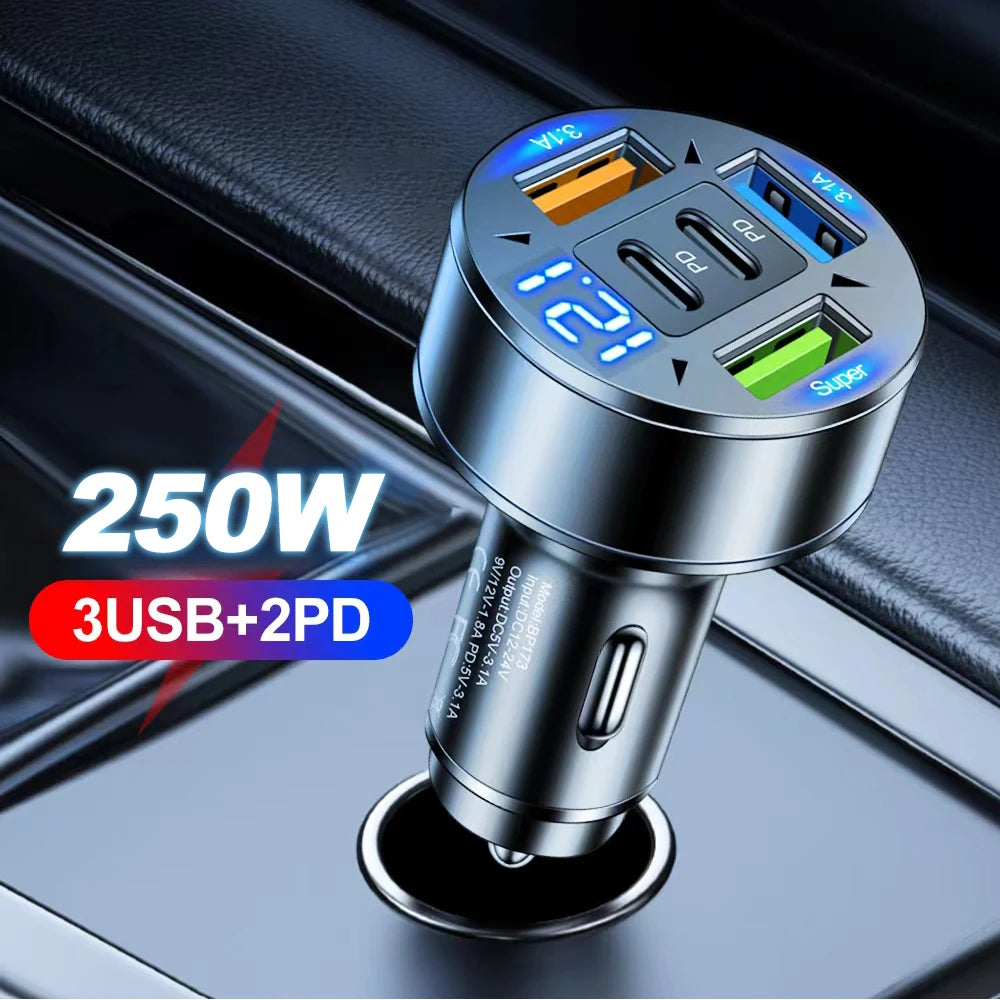 250W 5-in-1 PD QC3.0 Car Charger Fast Charging USB C for IPhone,Samsung Galaxy, IPad Pro, Multi-Port Cigarette Lighter Adapter