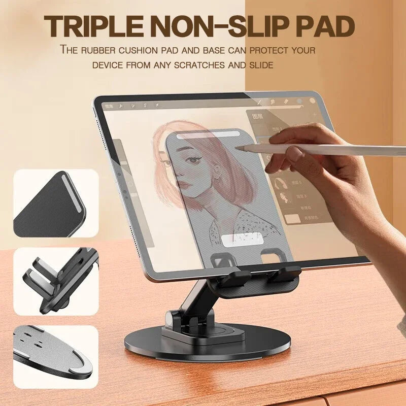 Universal Phone Stand On Desk 360° Rotating Multi-Angle Non-Slip Metal Base Foldable Desktop Holder For iPhone Xiaomi Samsung