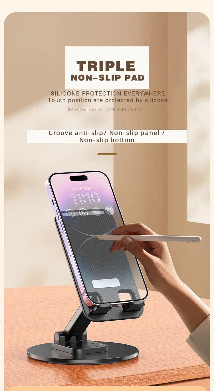Universal Phone Stand On Desk 360° Rotating Multi-Angle Non-Slip Metal Base Foldable Desktop Holder For iPhone Xiaomi Samsung
