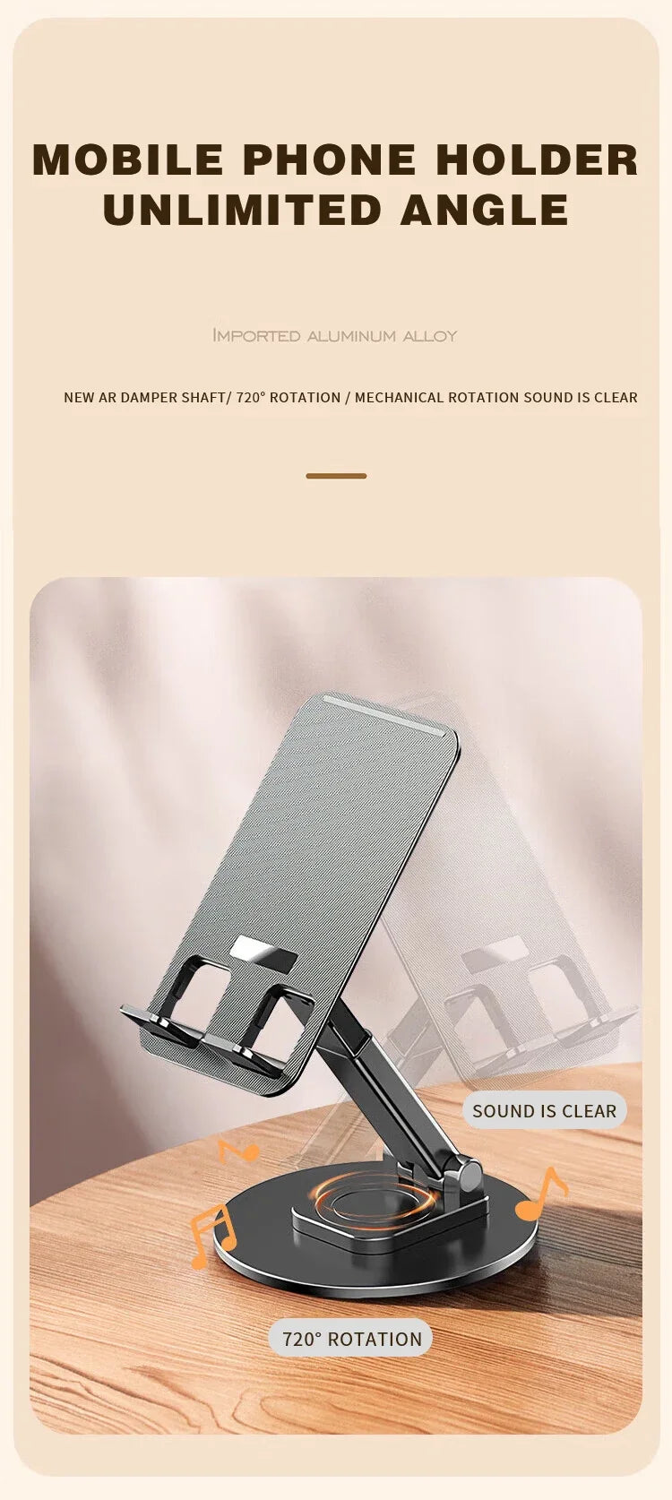 Universal Phone Stand On Desk 360° Rotating Multi-Angle Non-Slip Metal Base Foldable Desktop Holder For iPhone Xiaomi Samsung