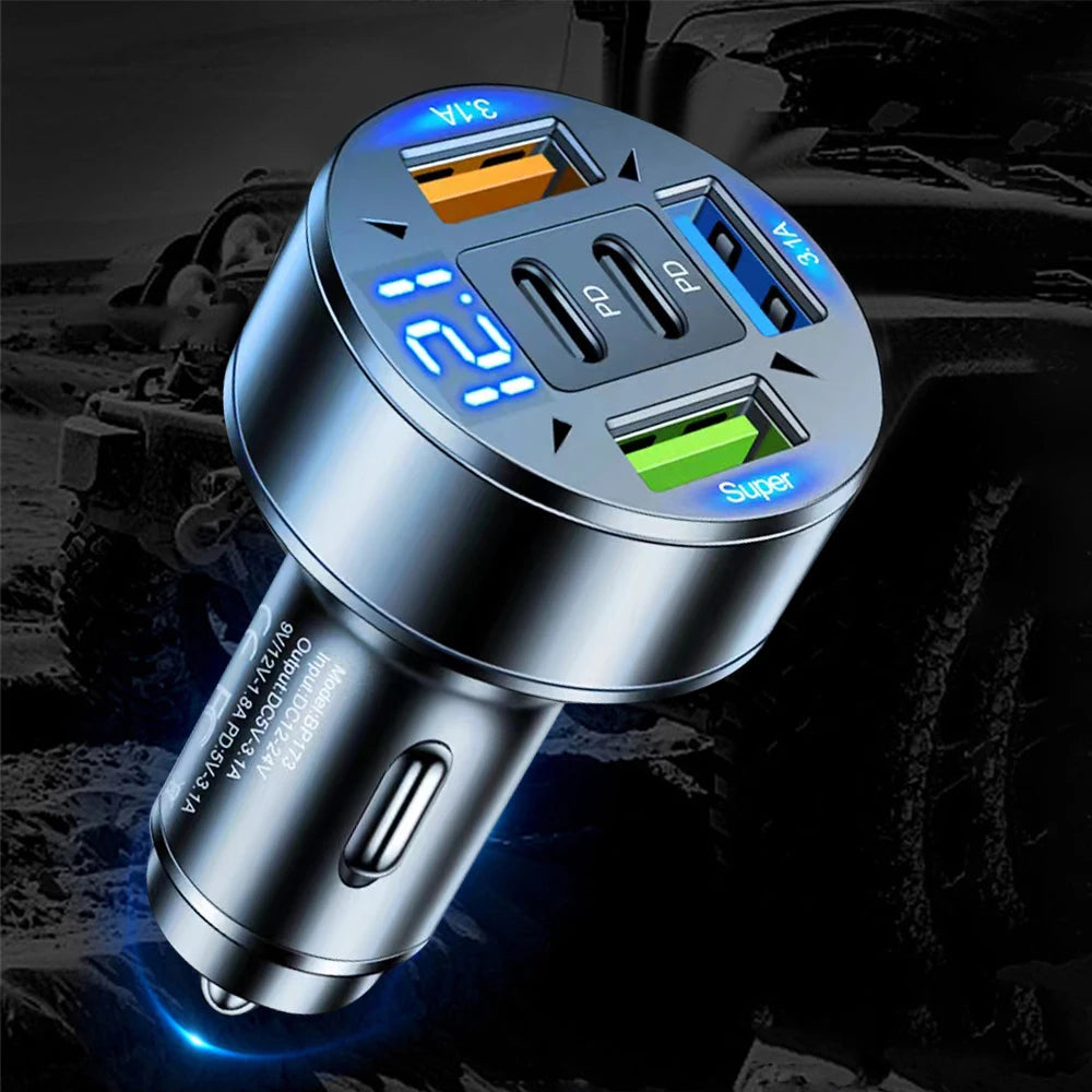 250W 5-in-1 PD QC3.0 Car Charger Fast Charging USB C for IPhone,Samsung Galaxy, IPad Pro, Multi-Port Cigarette Lighter Adapter