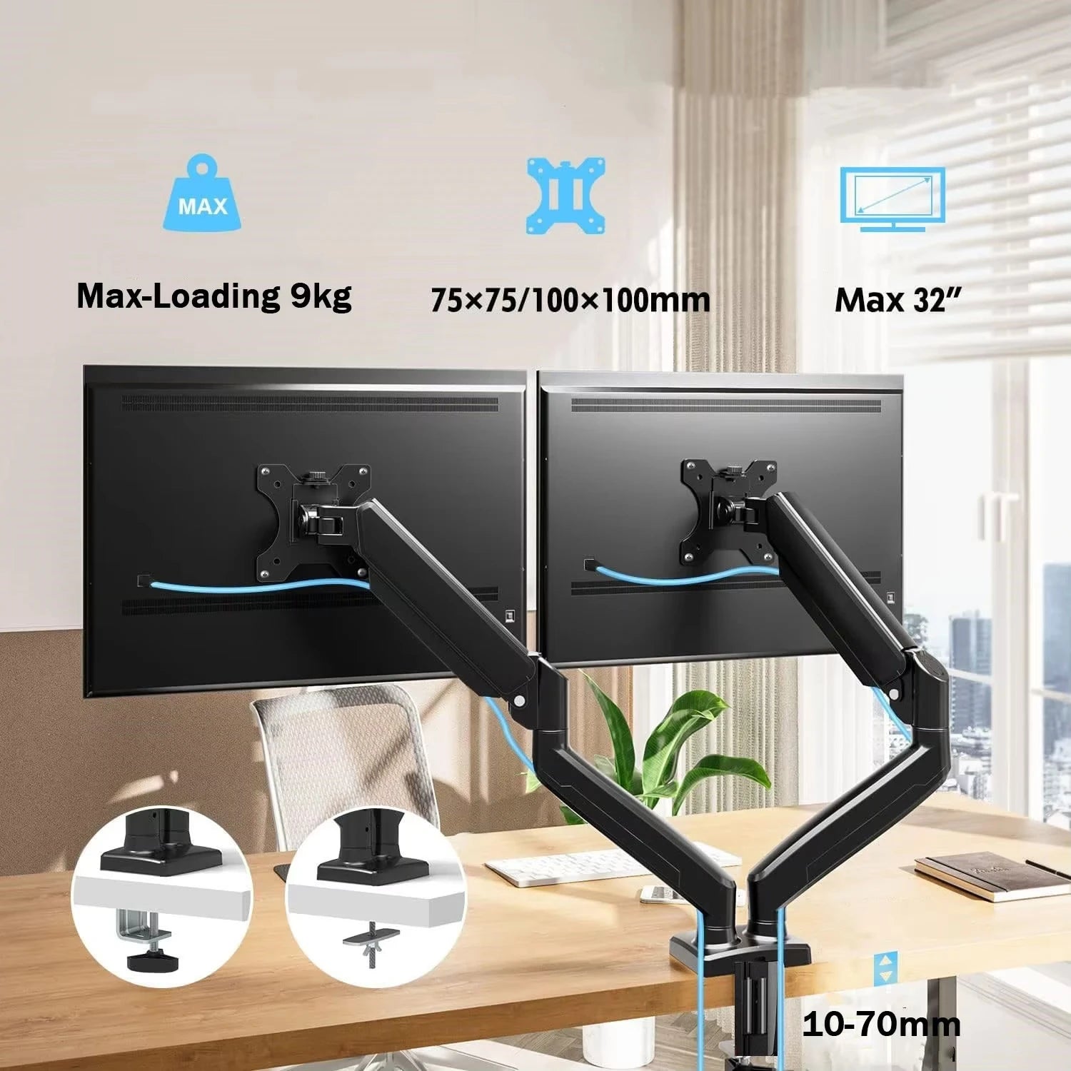 Adjustable Dual Monitor Stand for 13 to 32 Inch Screens with 180° Swivel Tilt 360° Rotation - Home Office Computer Monitor Mount