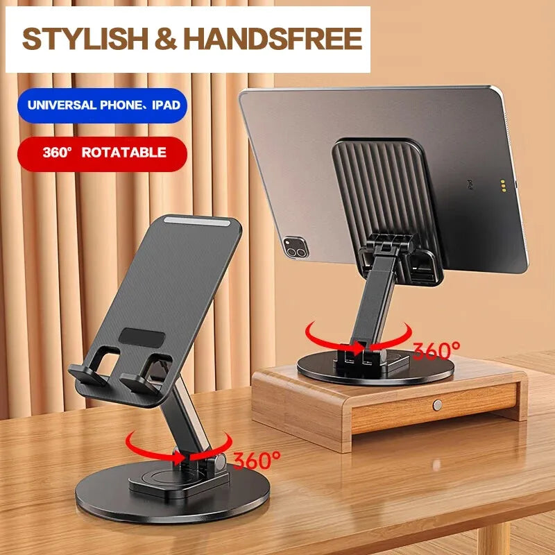 Universal Phone Stand On Desk 360° Rotating Multi-Angle Non-Slip Metal Base Foldable Desktop Holder For iPhone Xiaomi Samsung