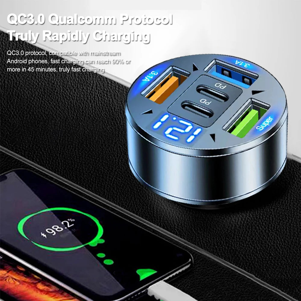 250W 5-in-1 PD QC3.0 Car Charger Fast Charging USB C for IPhone,Samsung Galaxy, IPad Pro, Multi-Port Cigarette Lighter Adapter